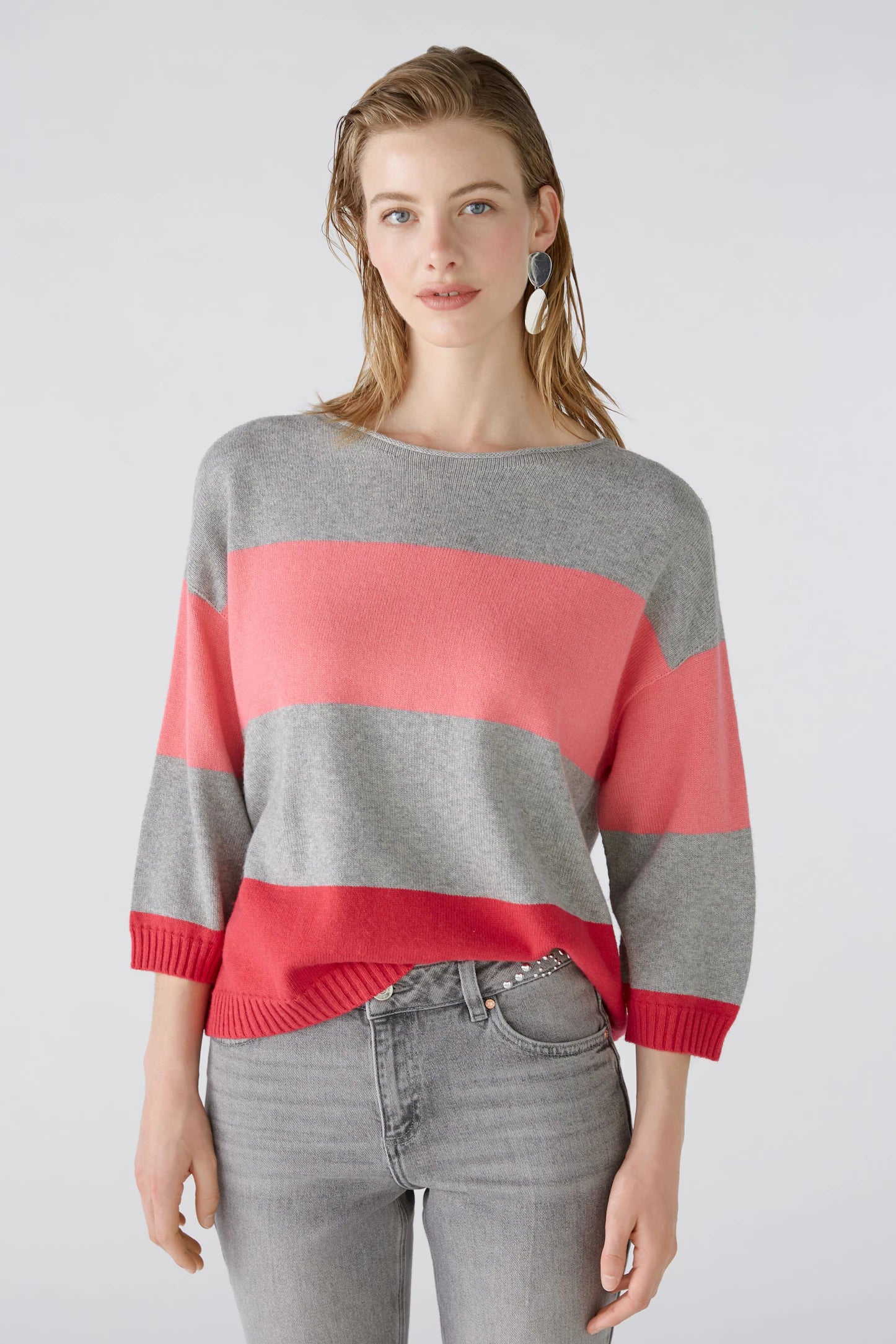 Oui Striped Jumper In Grey & Pink