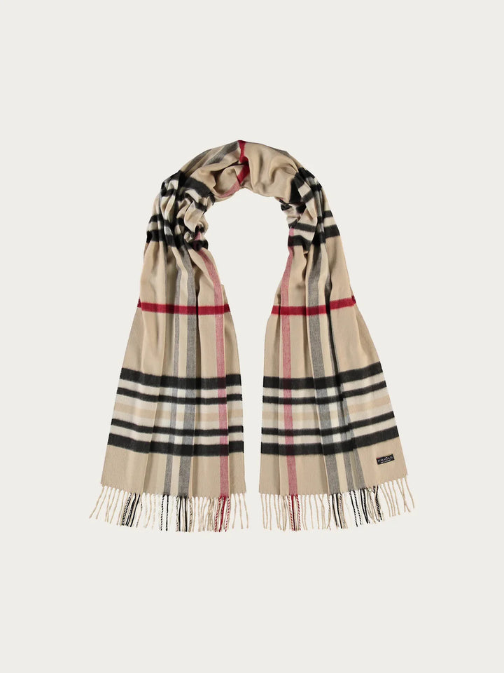Cashmink Wide Plaid Patterned Scarf In Latte
