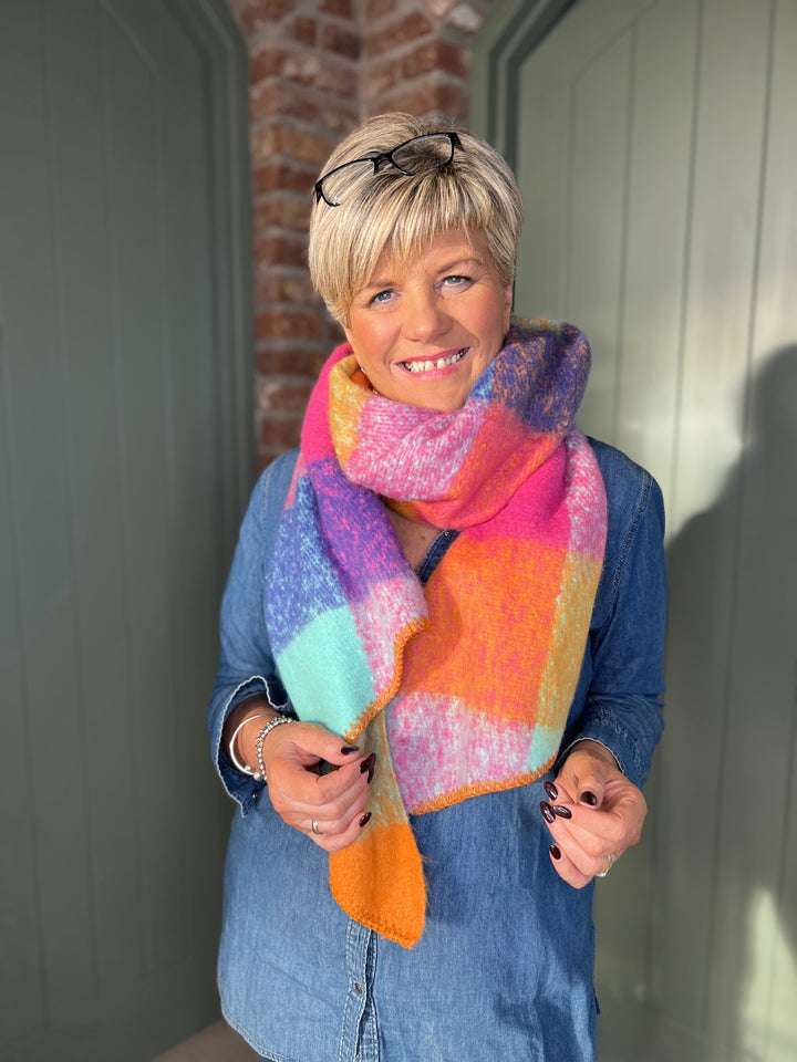 Sophie Tartan Angled Scarf In Pink Multi