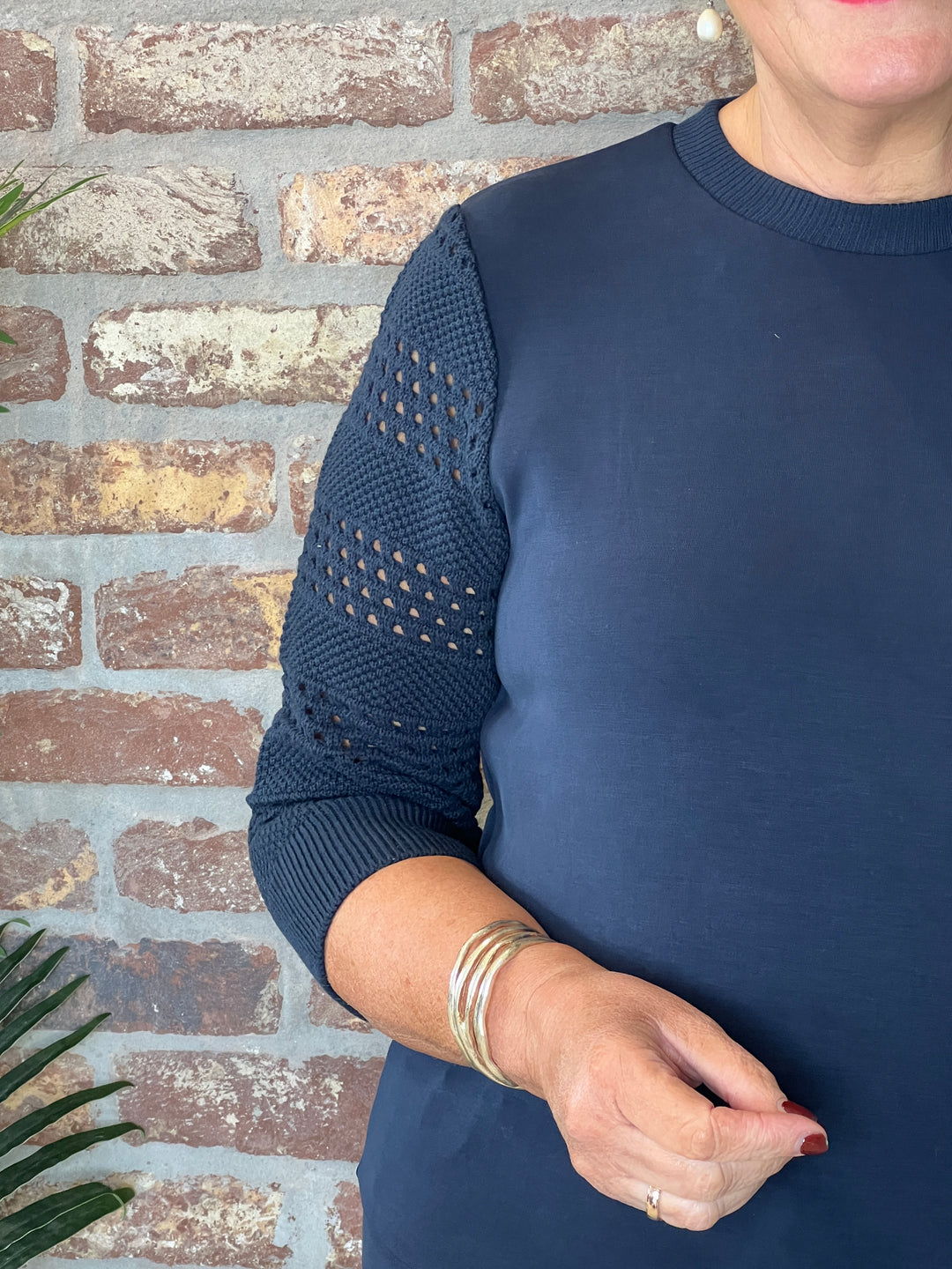 Street One sweatshirt with knitted sleeve In Navy