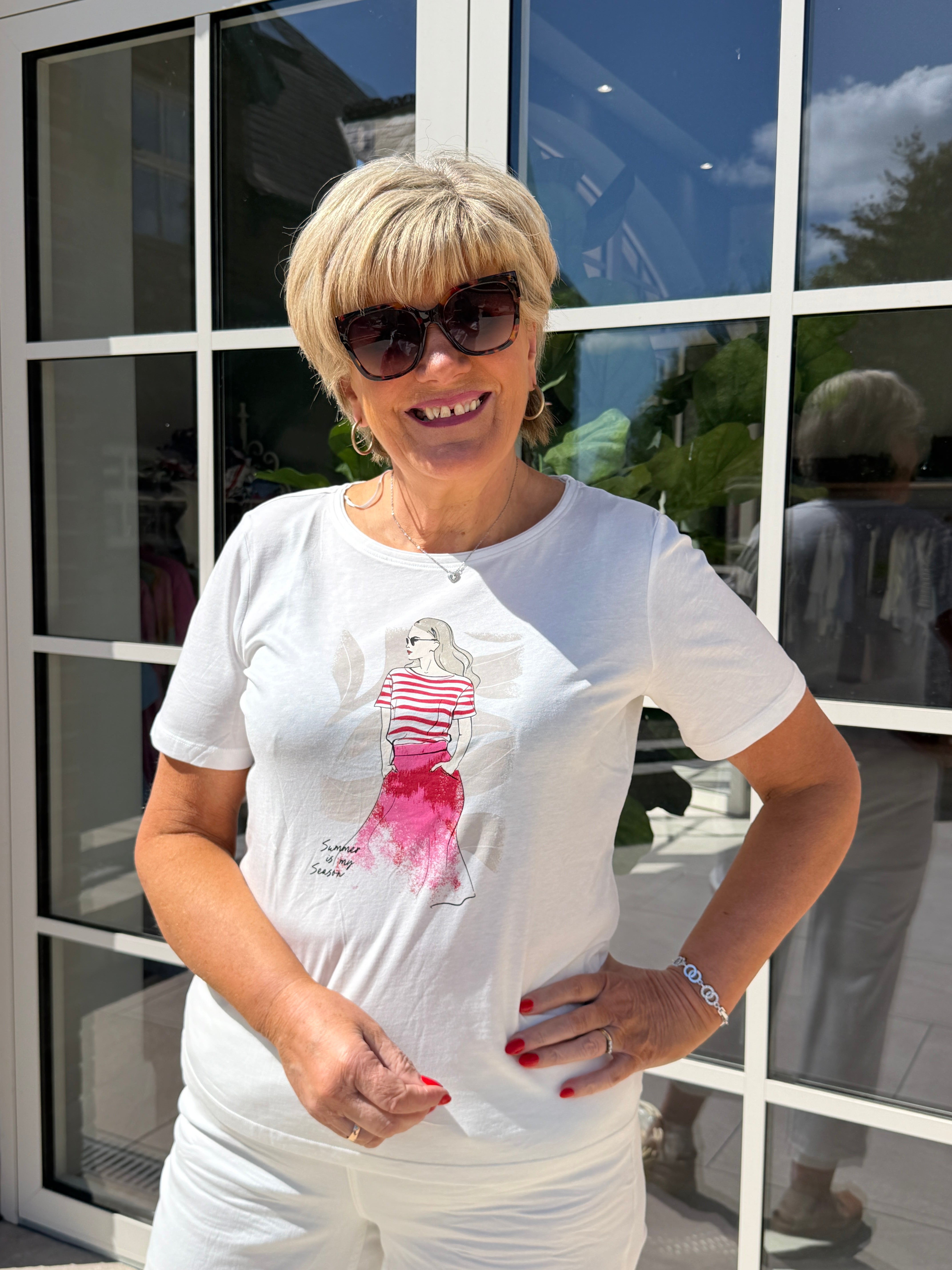 Street One Red lady print T-shirt In Off White