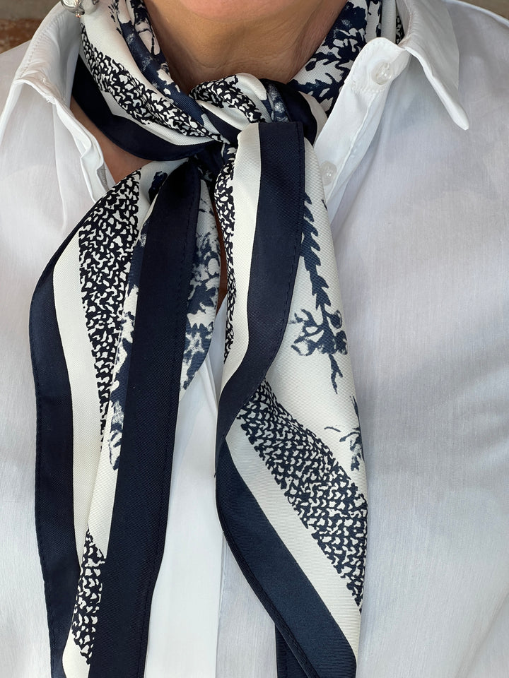 Pipa Floral Neck Silk Scarf In navy & cream