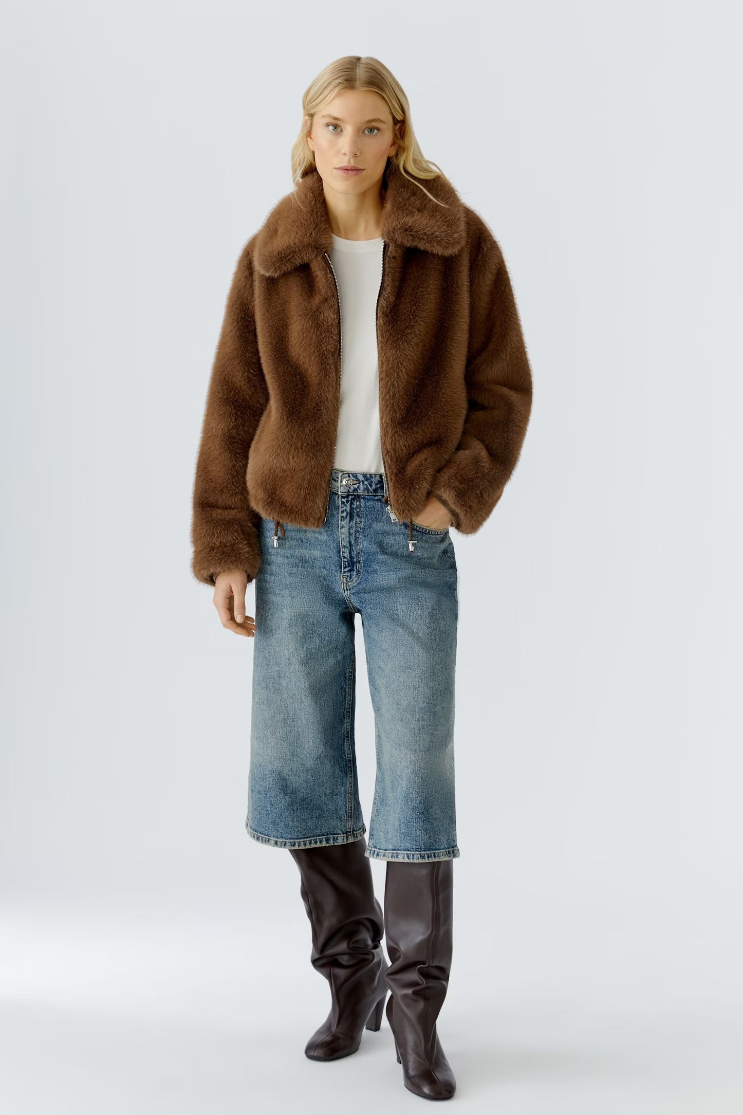 Oui Faux Fur Jacket In Taupe