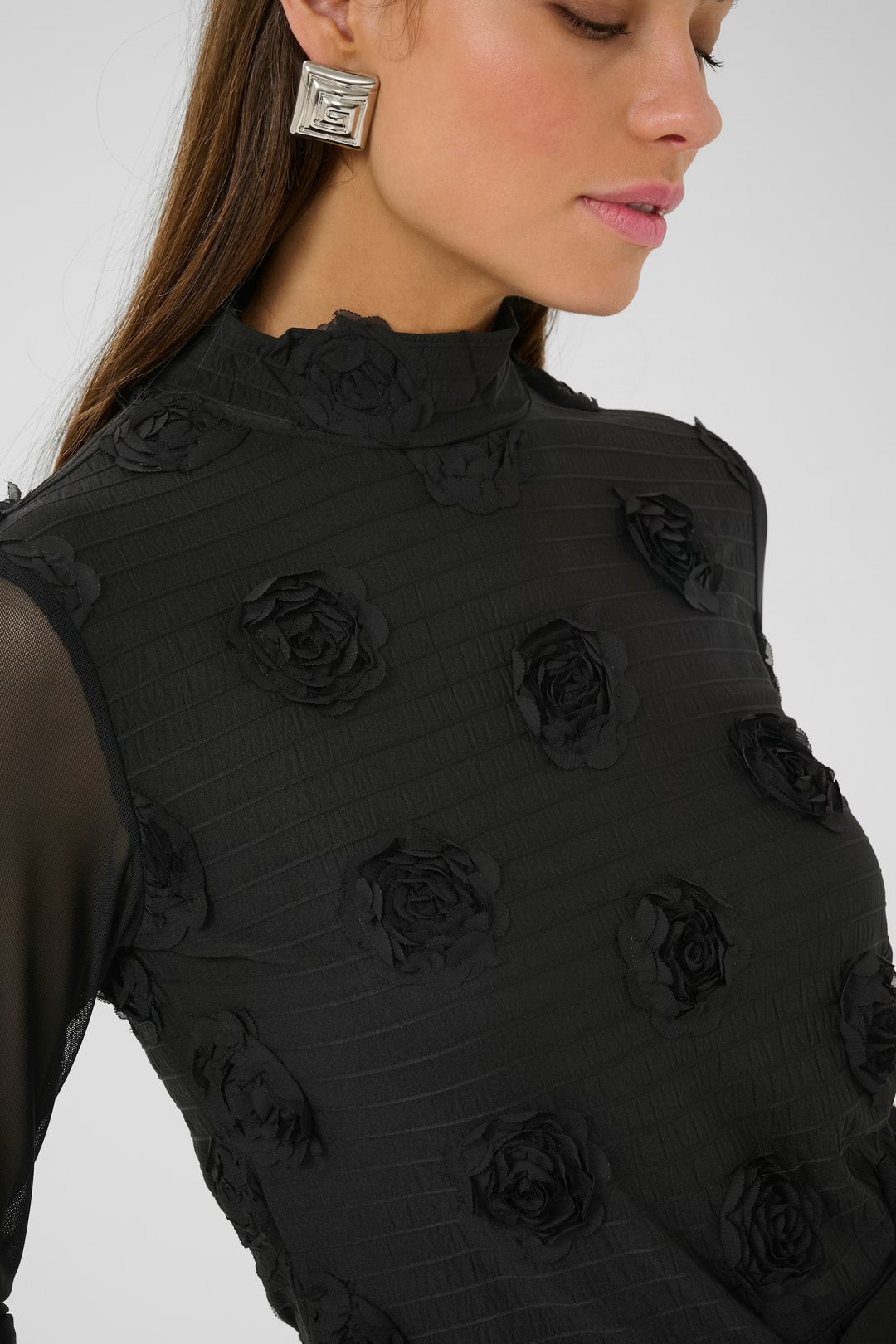 Culture Floral Print Mesh Top In Black