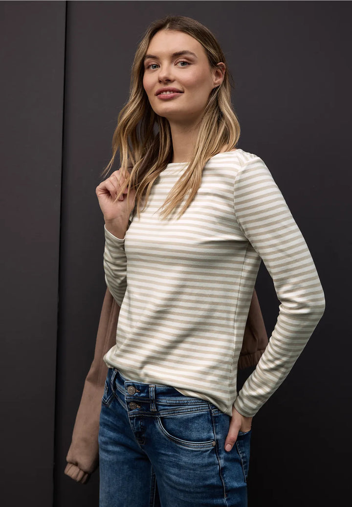 Street One Boat Neck Top In Cotton Beige