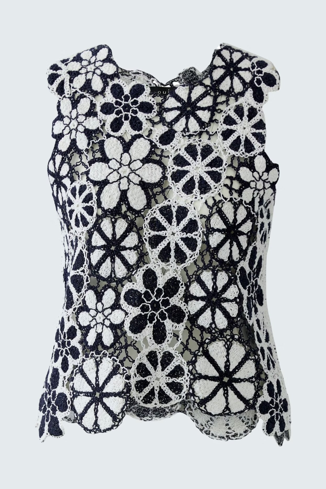 Oui Crochet Floral Top In Dark Blue & White
