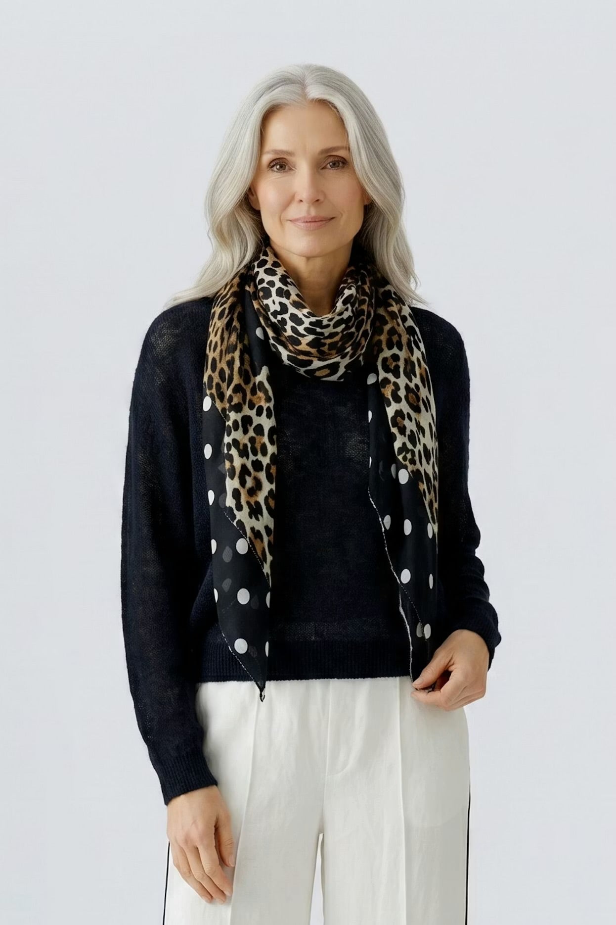 Oui leopard & dot print scarf in dark camel grey