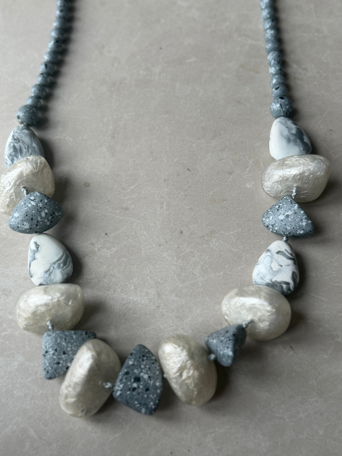 Pebble & ball bead necklace in grey & stone