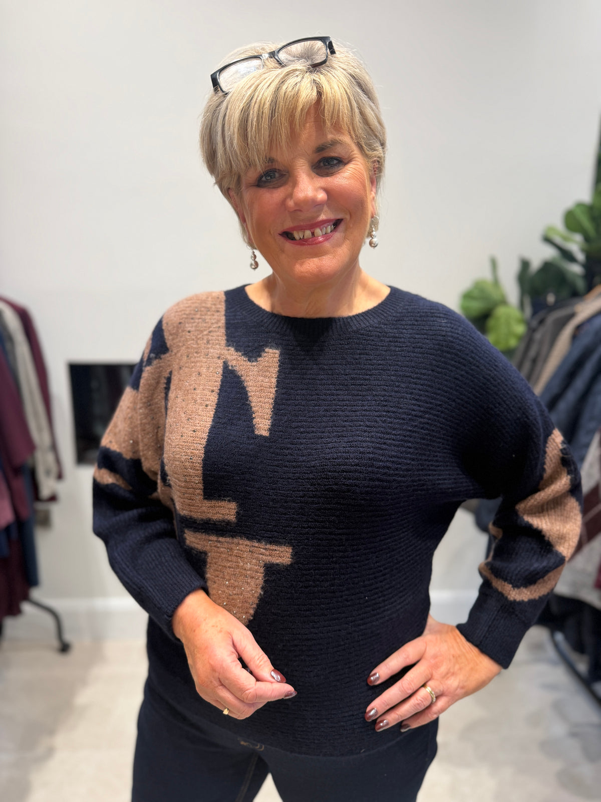 Letter patterned jumper in dark blue