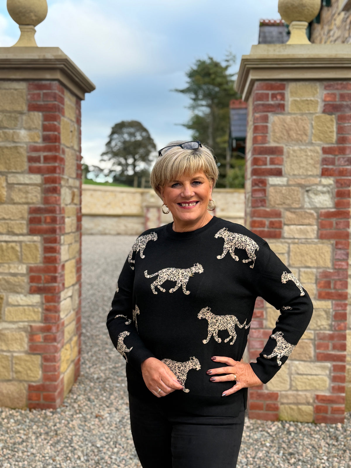 Jacquard leopard pullover in black & brown