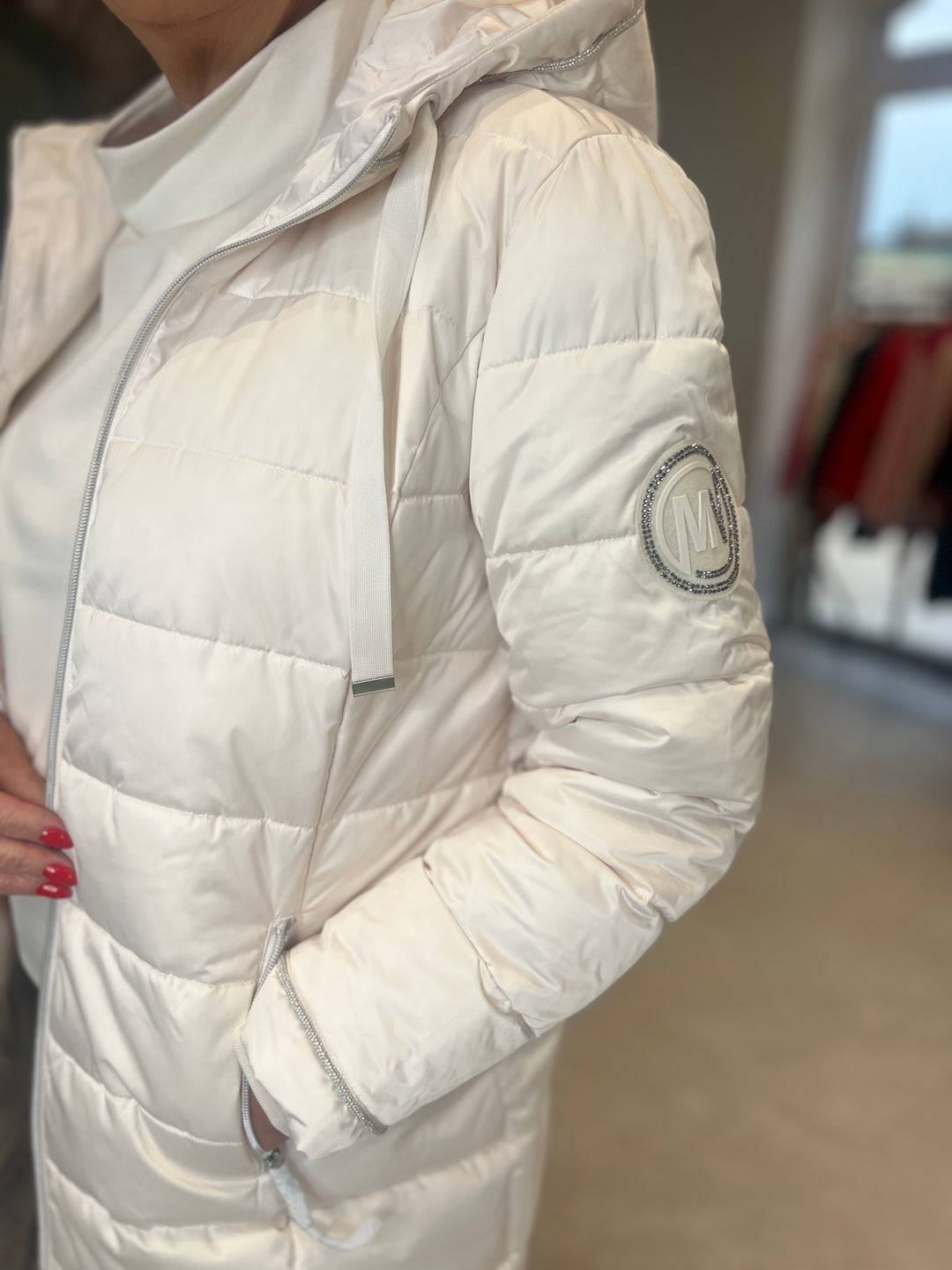 Monari Quilted Coat With Rhinestones In Almond