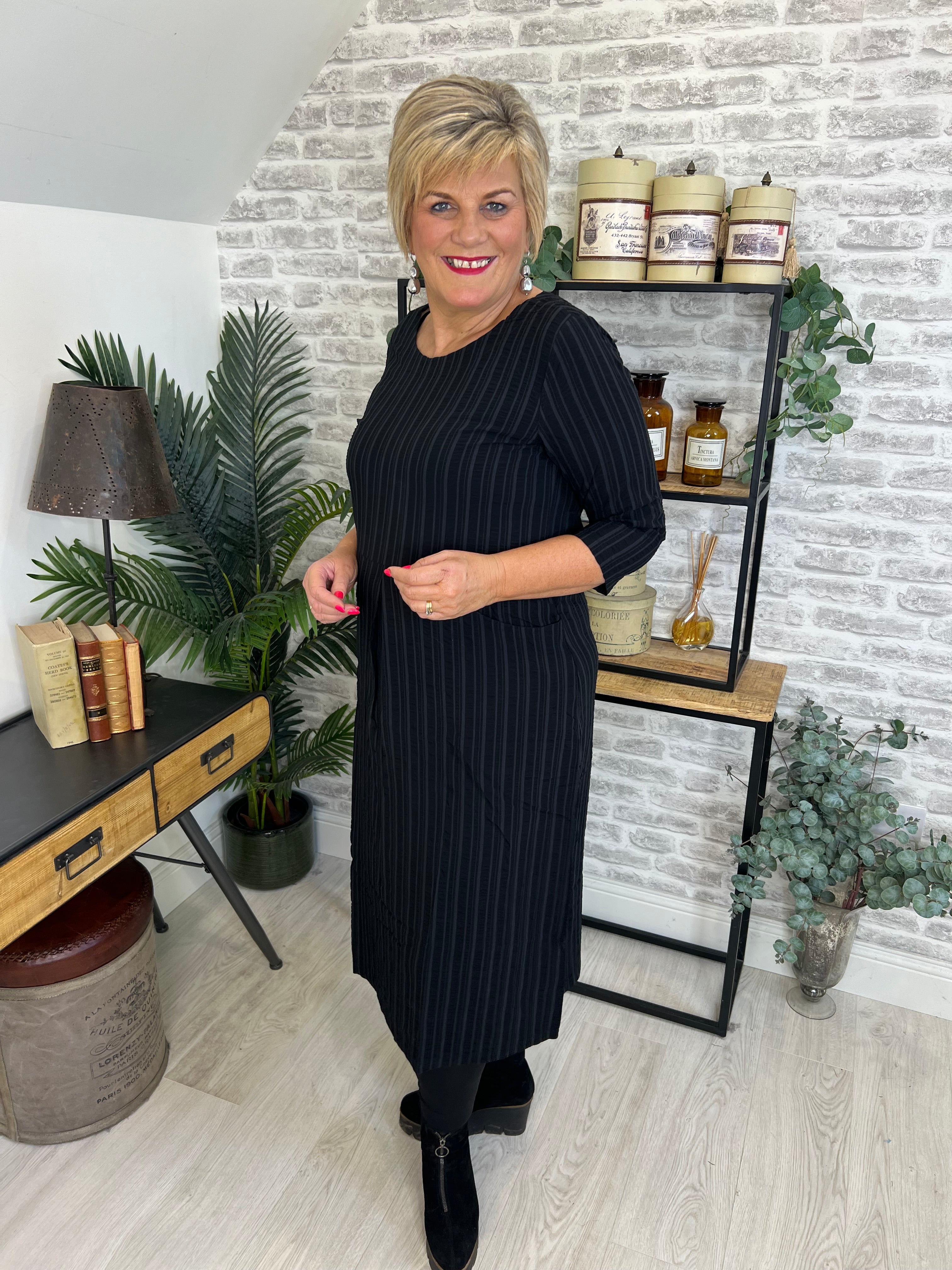 Ever Sassy Striped Dress In Black & Grey