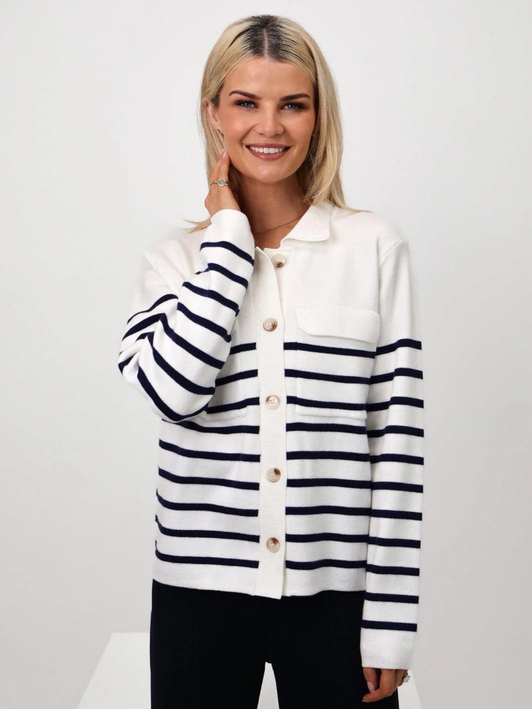 Kate & Pippa Dani Cardigan In White & Navy striped