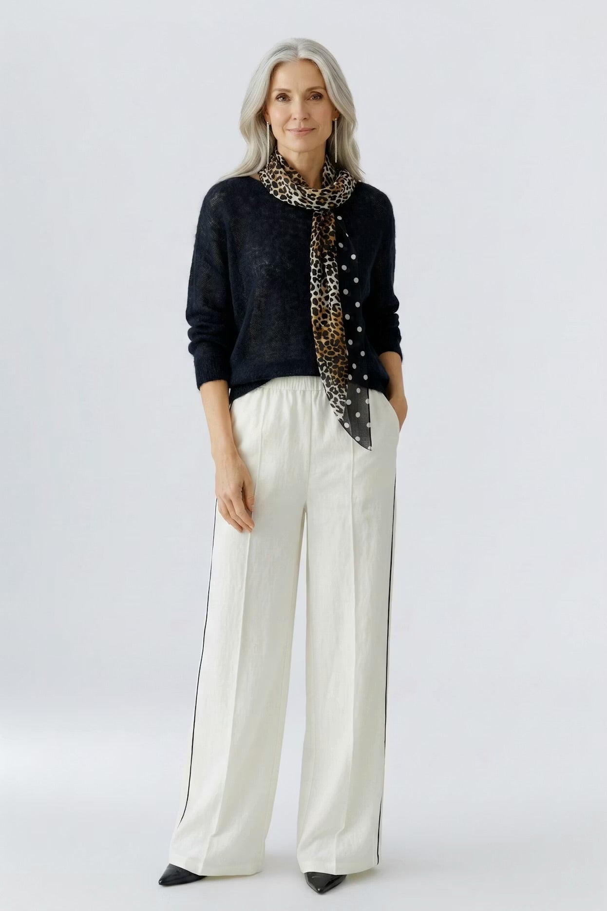 Oui leopard & dot print scarf in dark camel grey
