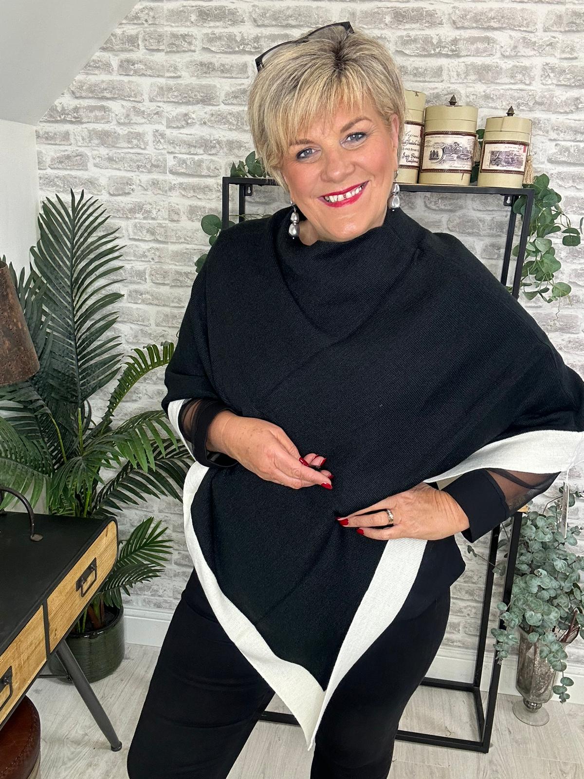 Elsa Poncho With Cream Trim In Black