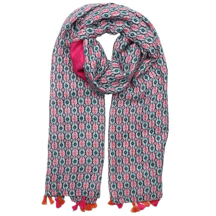 Polly Mini Flowers With Tassels Scarf In Pink