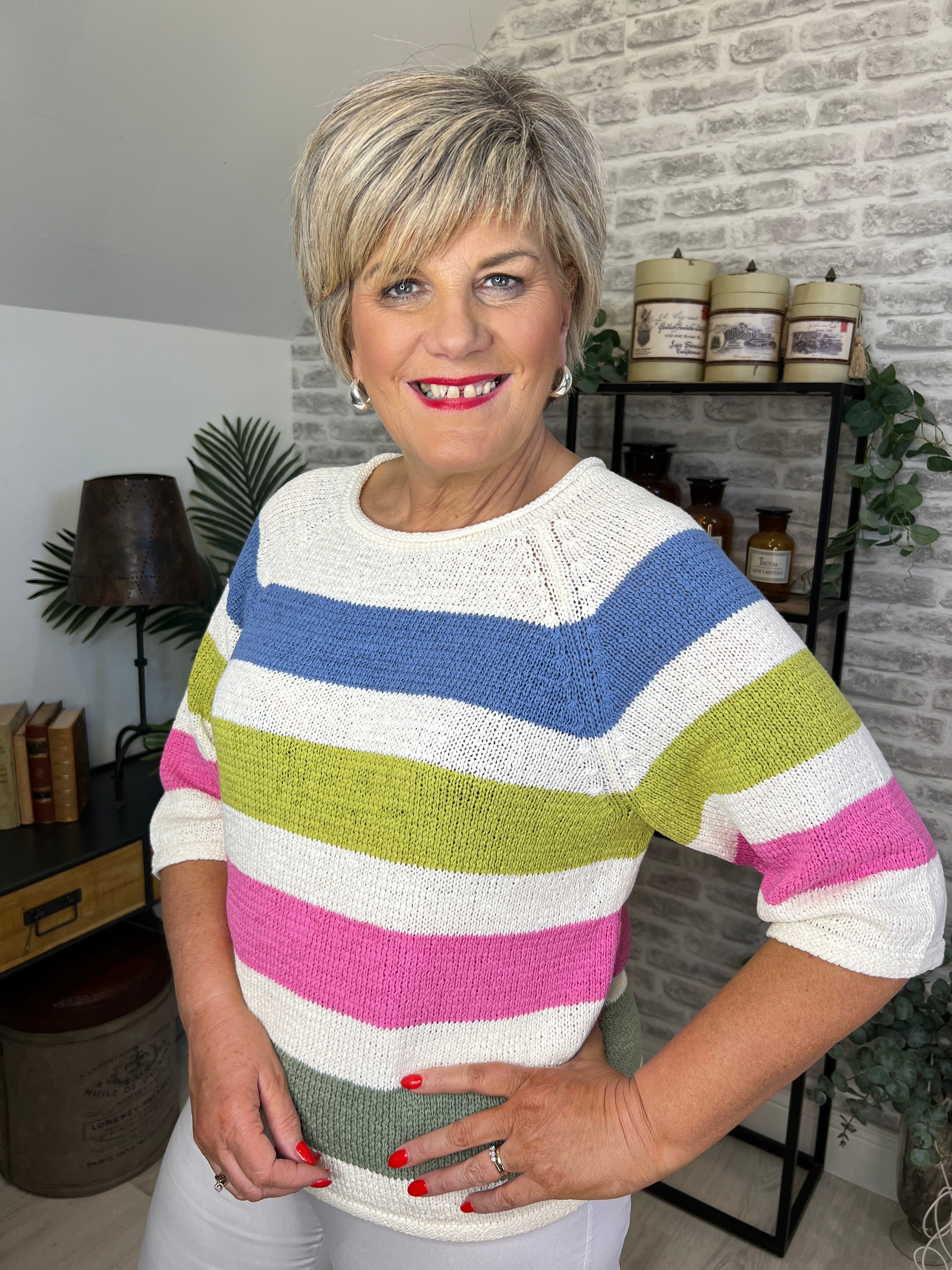 Oui Striped Pullover In White & Green