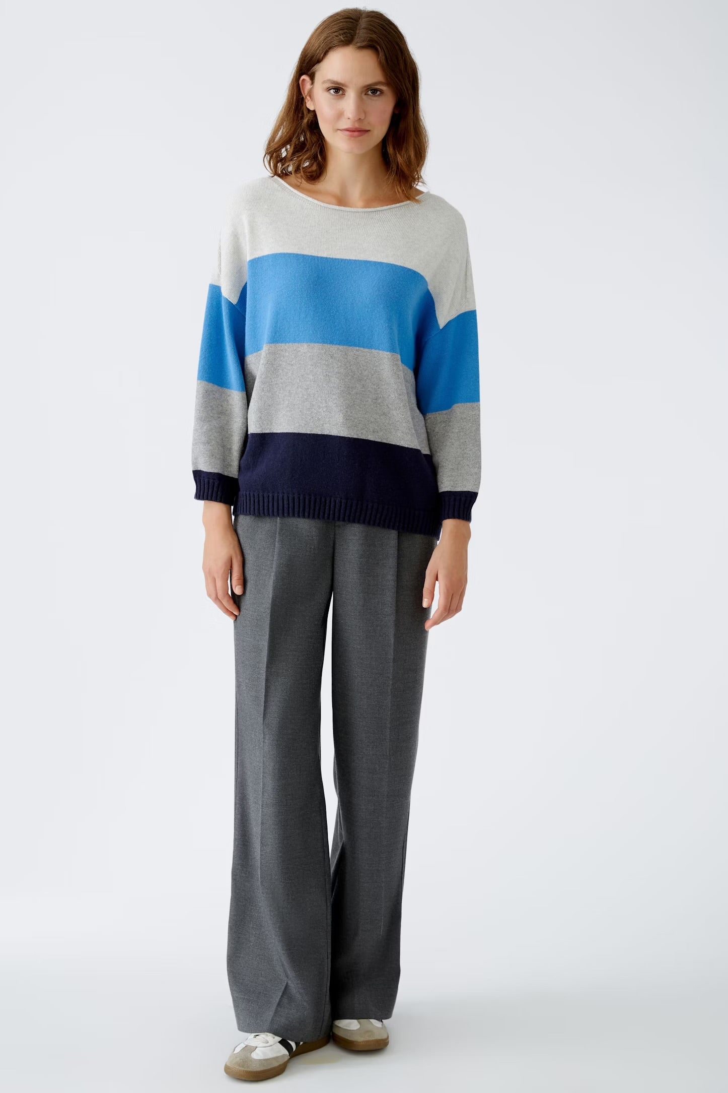 Oui Striped Jumper In Light Grey & Blue