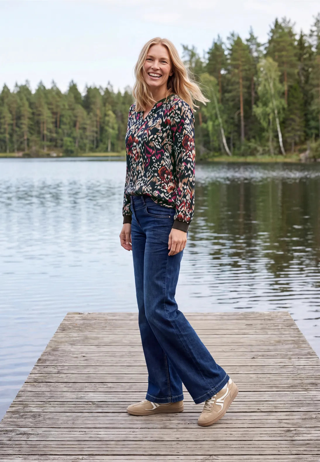 Split neck patterned blouse in truffle brown