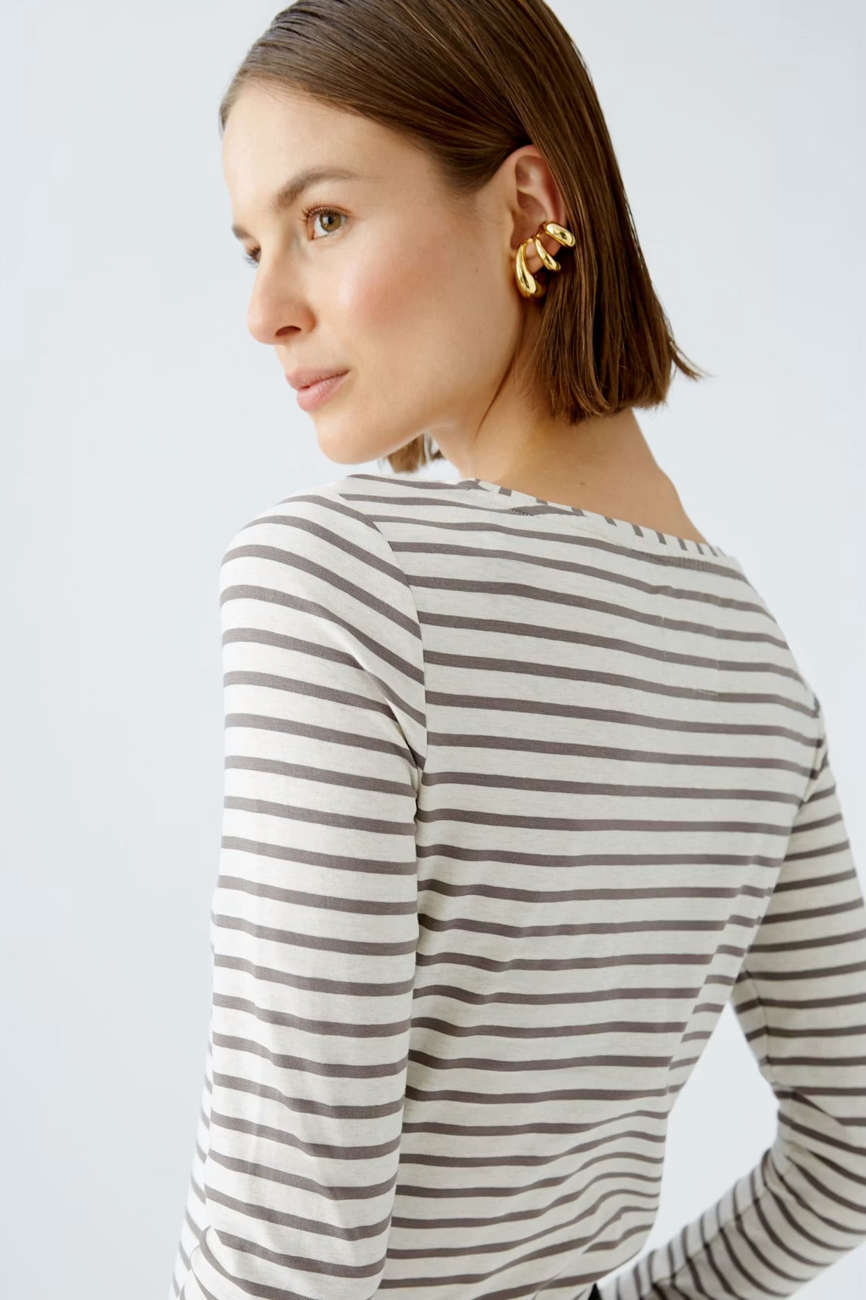 Oui Sumiko striped top in dark brown & off white