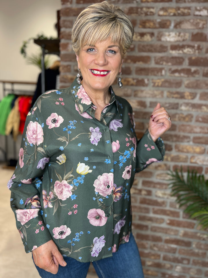 Oui Floral Blouse In khaki & Pink