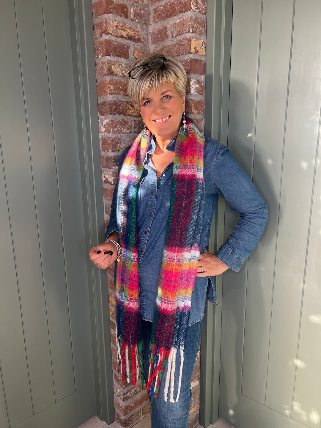 Sophie Tartan Blanket Scarf In Navy