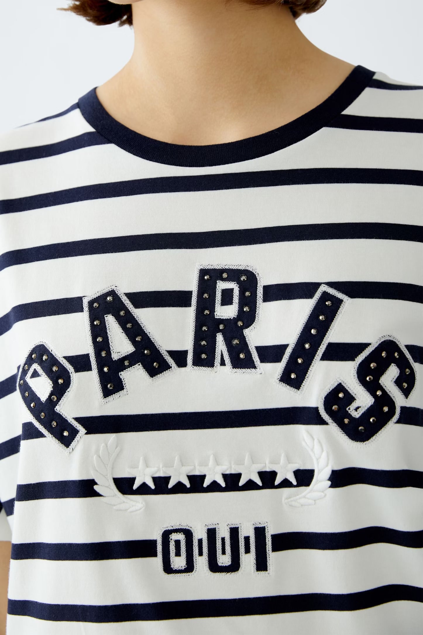 Oui Striped Decorative T-shirt In navy & White