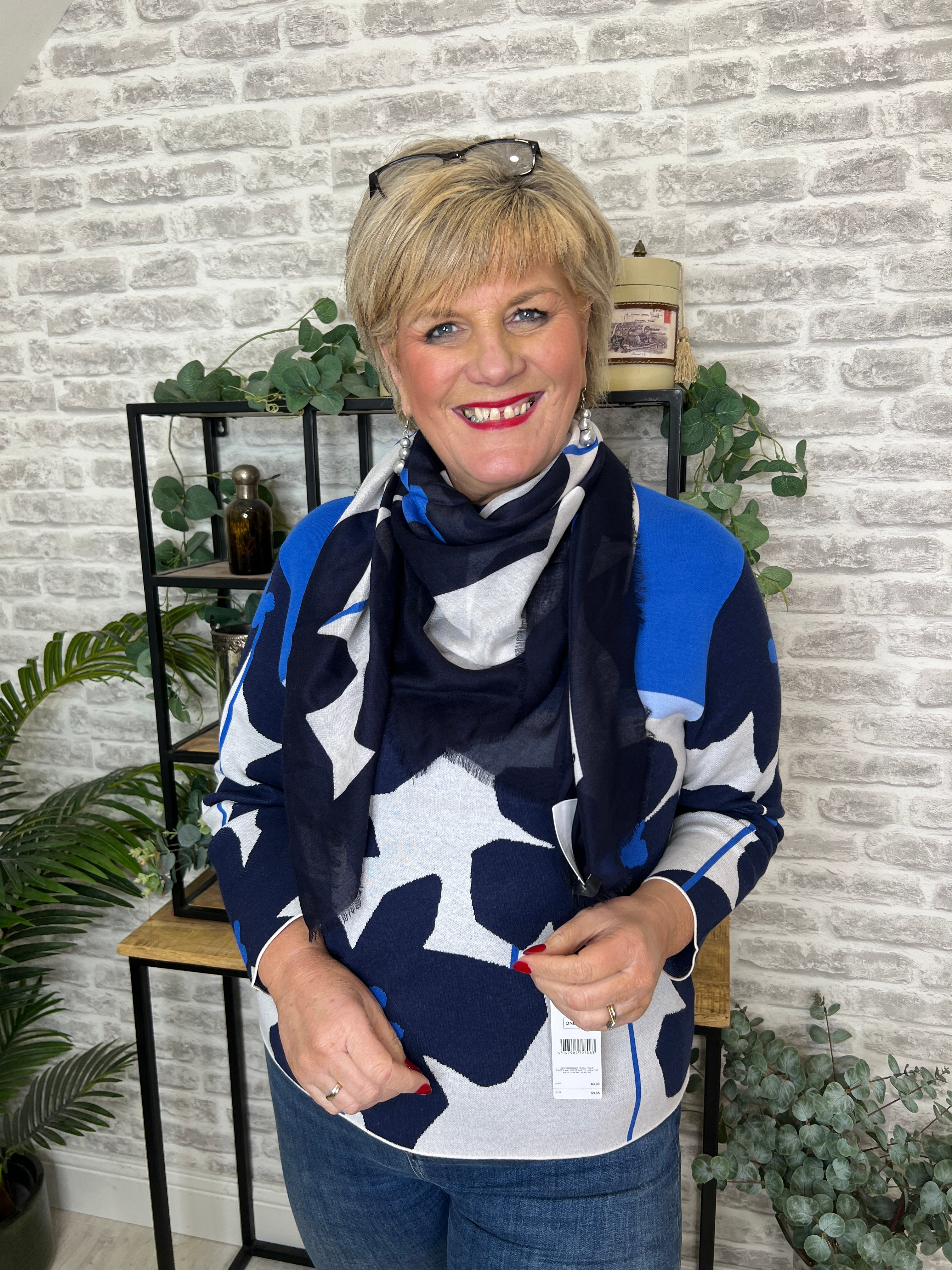 Oui Jacquard Floral Pullover In Blue & white