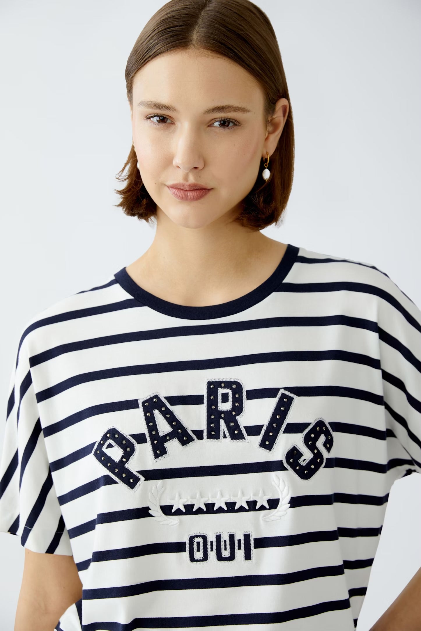 Oui Striped Decorative T-shirt In navy & White