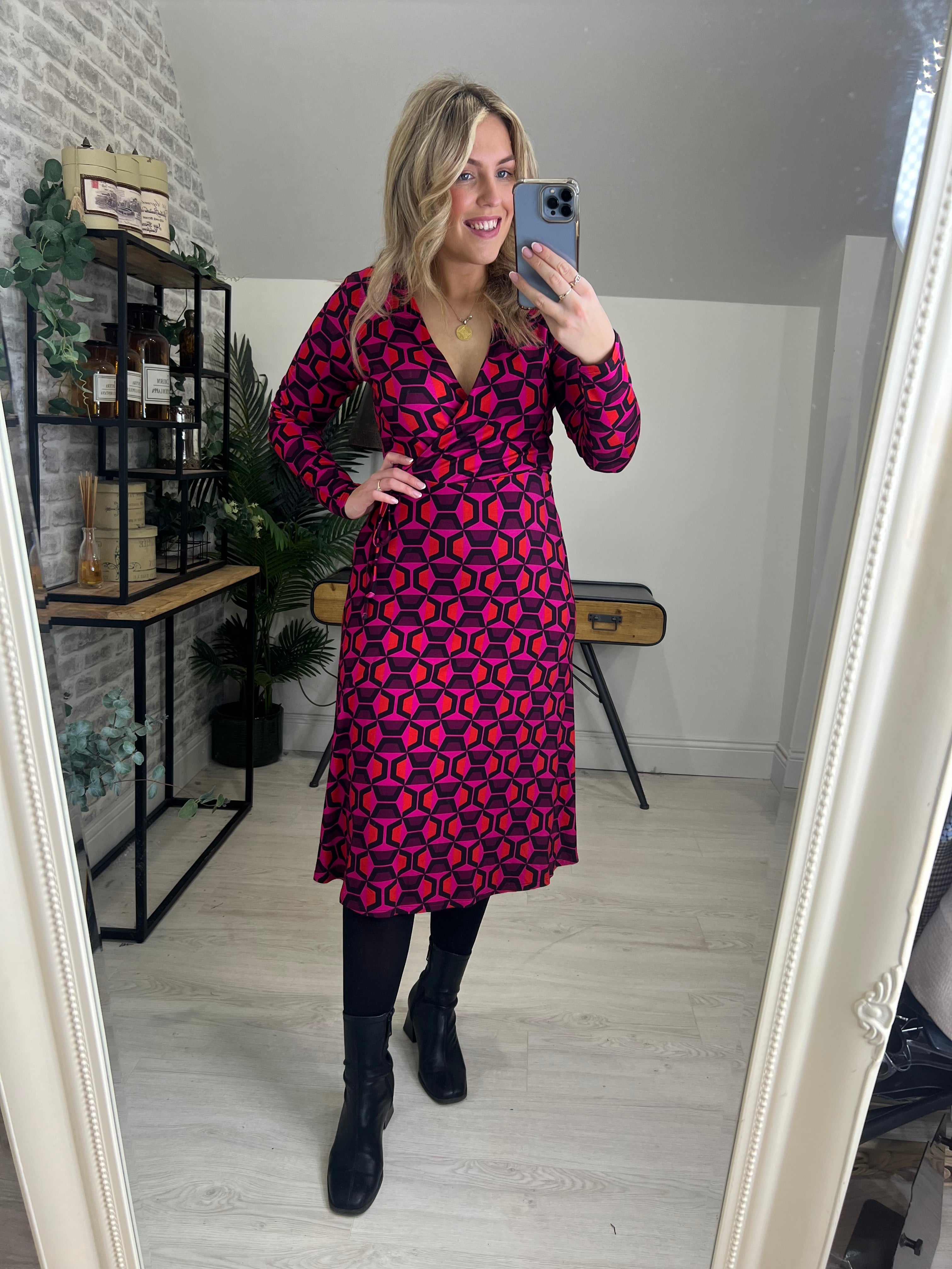 Milano Italy Wrap Over Dress In Berry Print