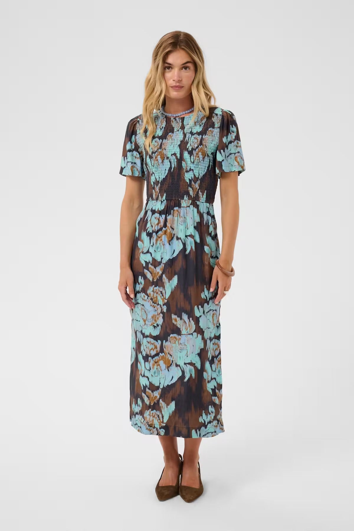 Floral patterned dress in brown & blue multi