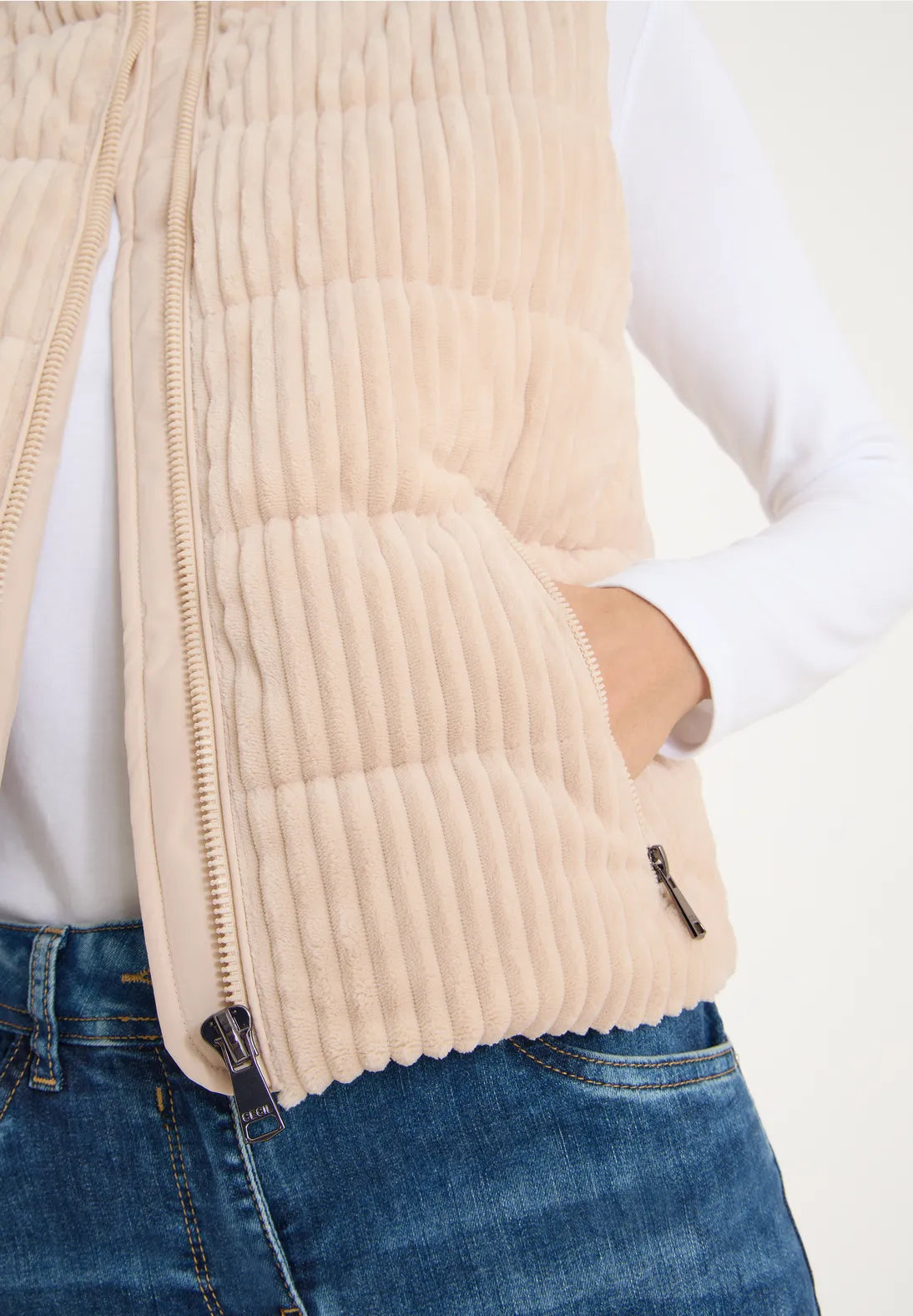 Cecil Cord Quilted Gilet In Pearl Beige