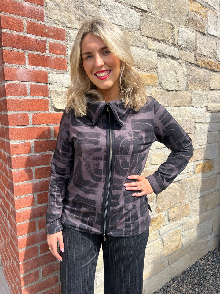 Peruzzi Centre Zip Print Top In Brown multi