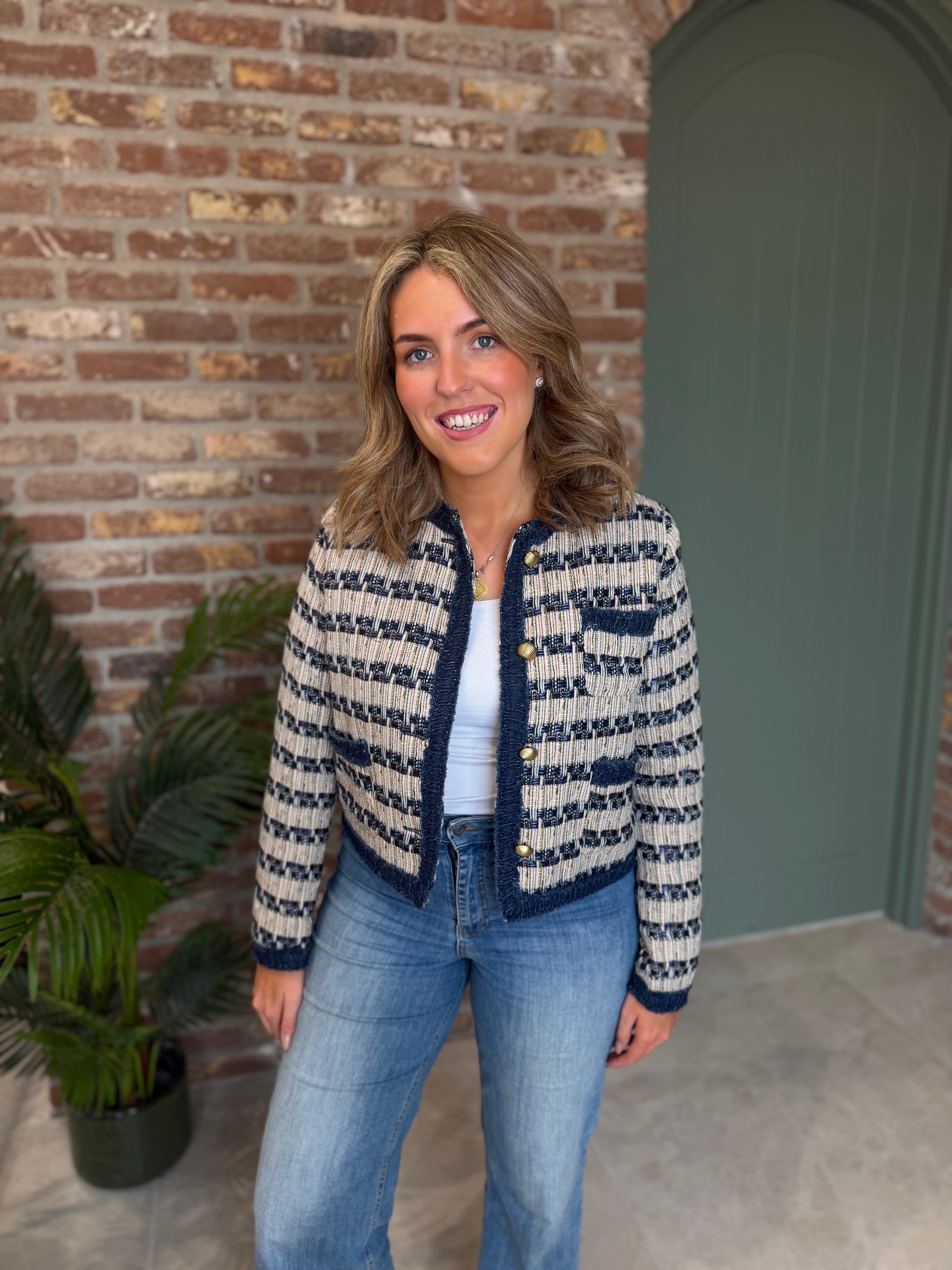 Patterned short jacket in Navy multi