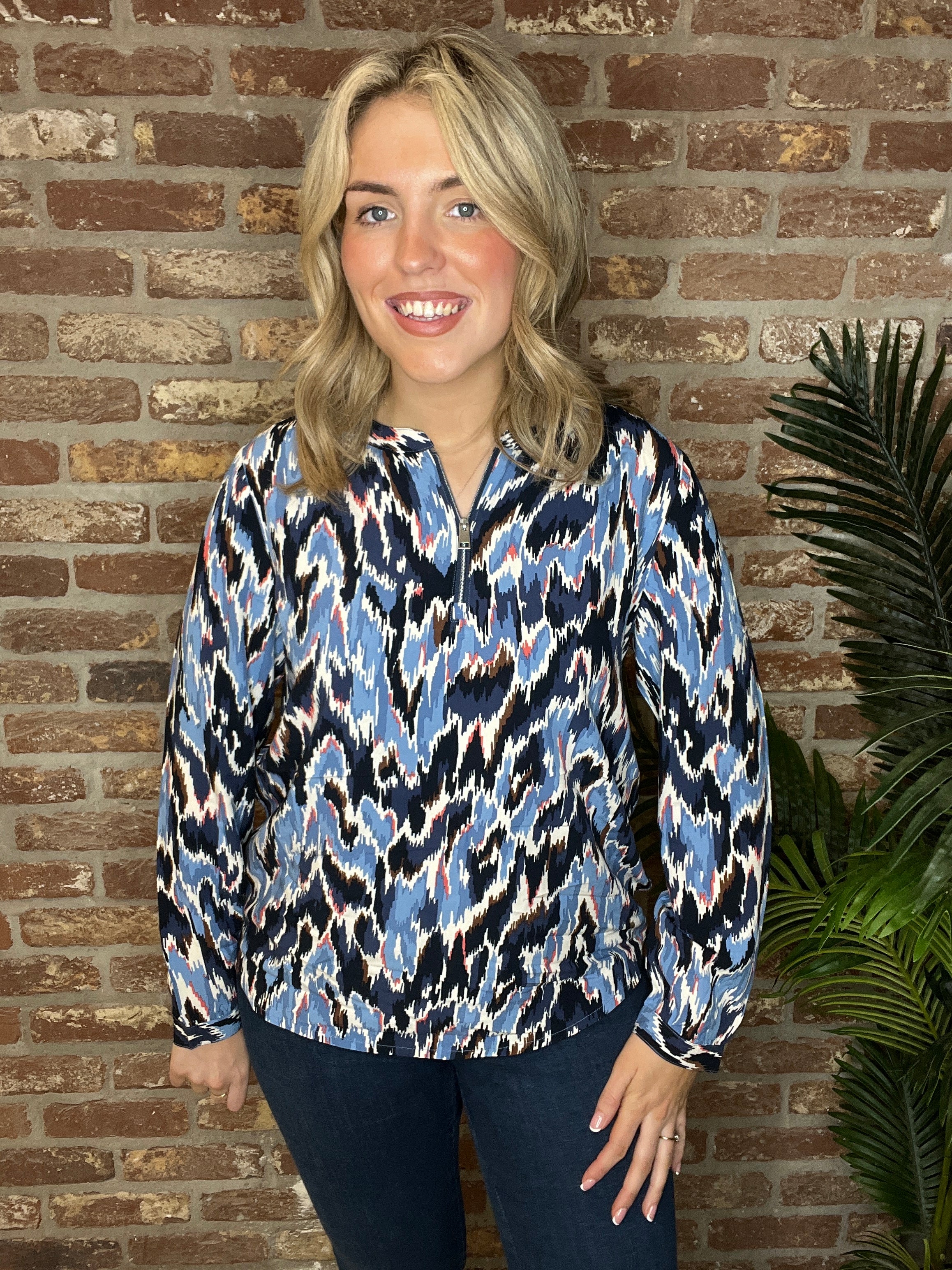 Cecil Print Zip Blouse In Cloud Blue