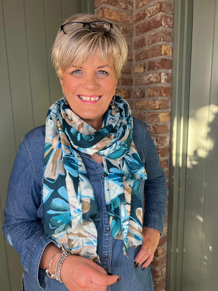 Sophie Floral Print Scarf In Blue Multi