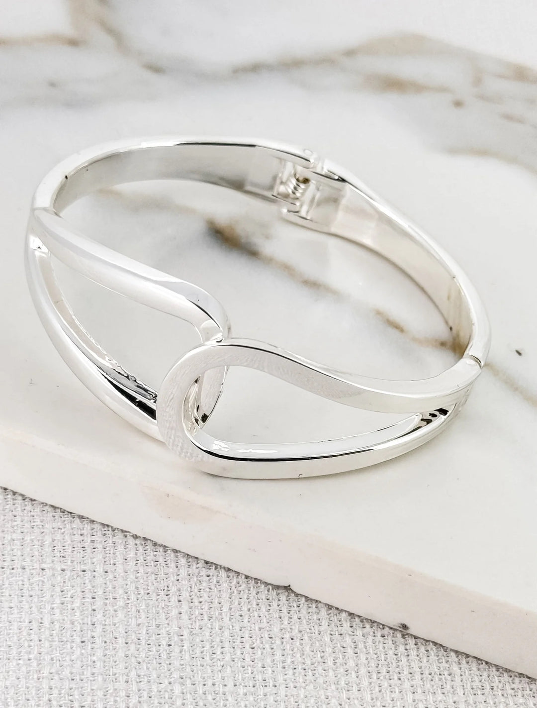 Envy Hinged Double Looped Bangle With Cube in Silver