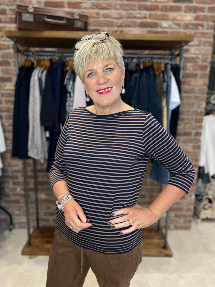 Cecil Basic Striped Top In Navy & Taupe