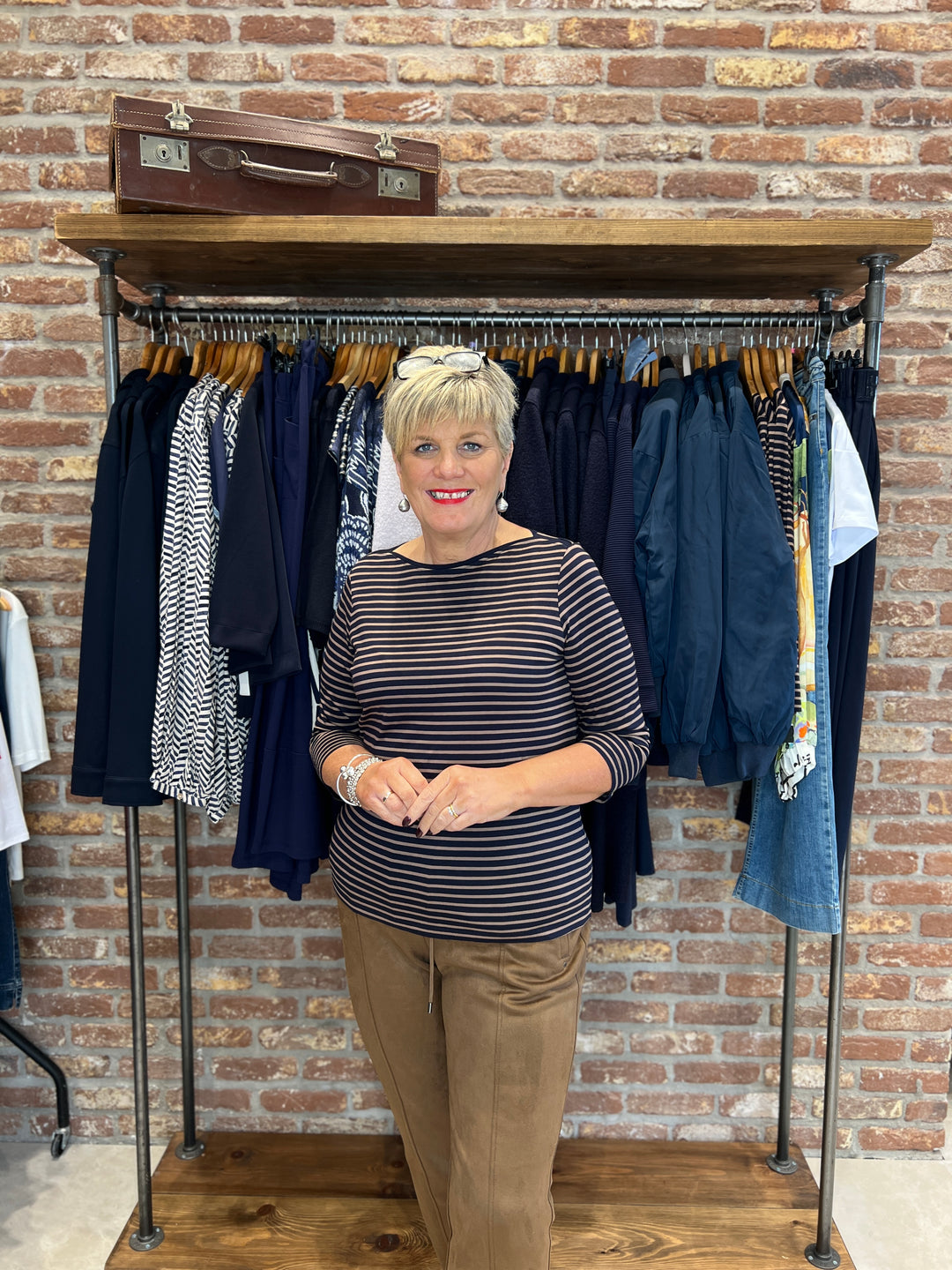 Cecil Basic Striped Top In Navy & Taupe