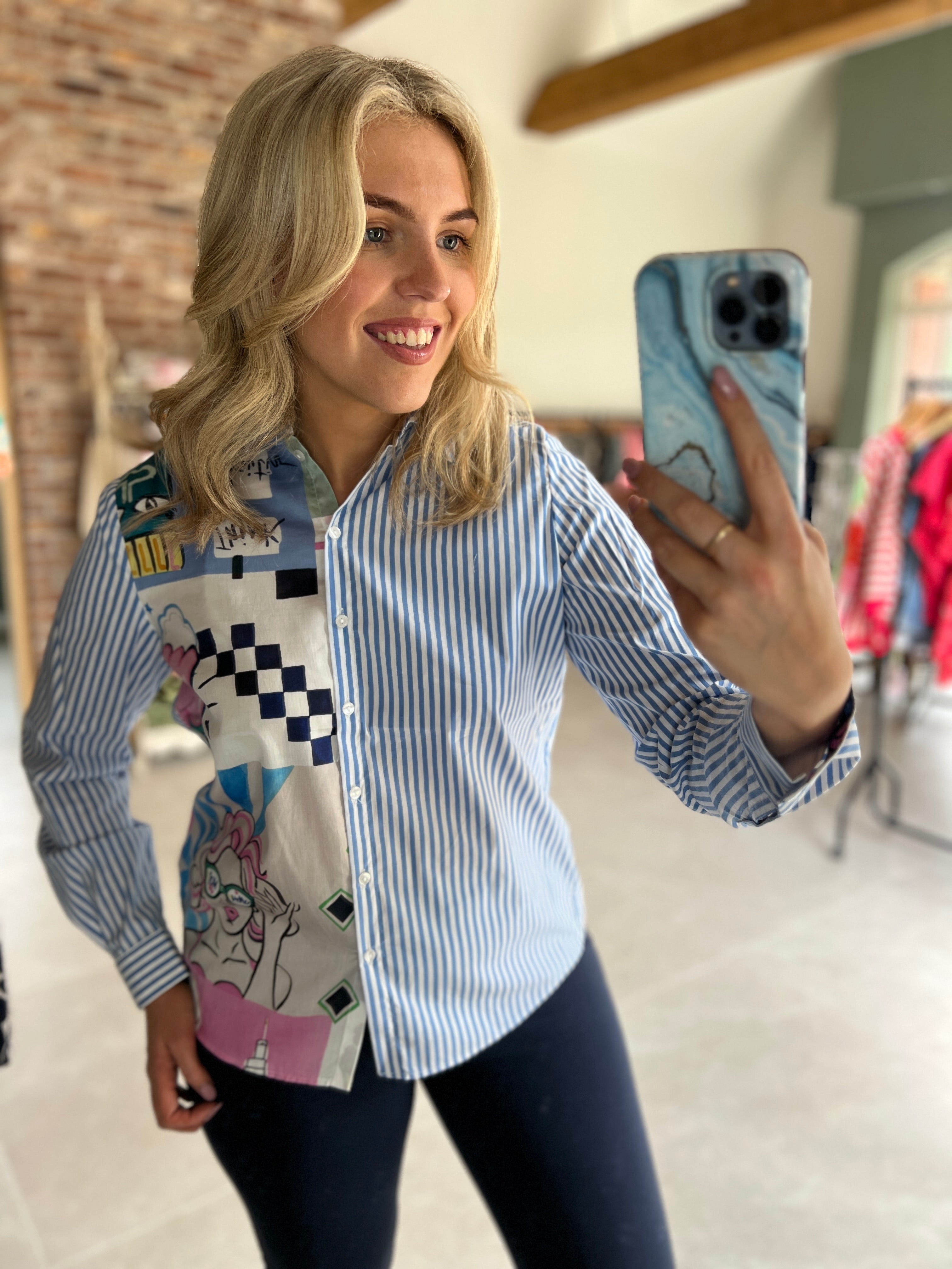 Milano Italy Azur Print Shirt In Blue Multi