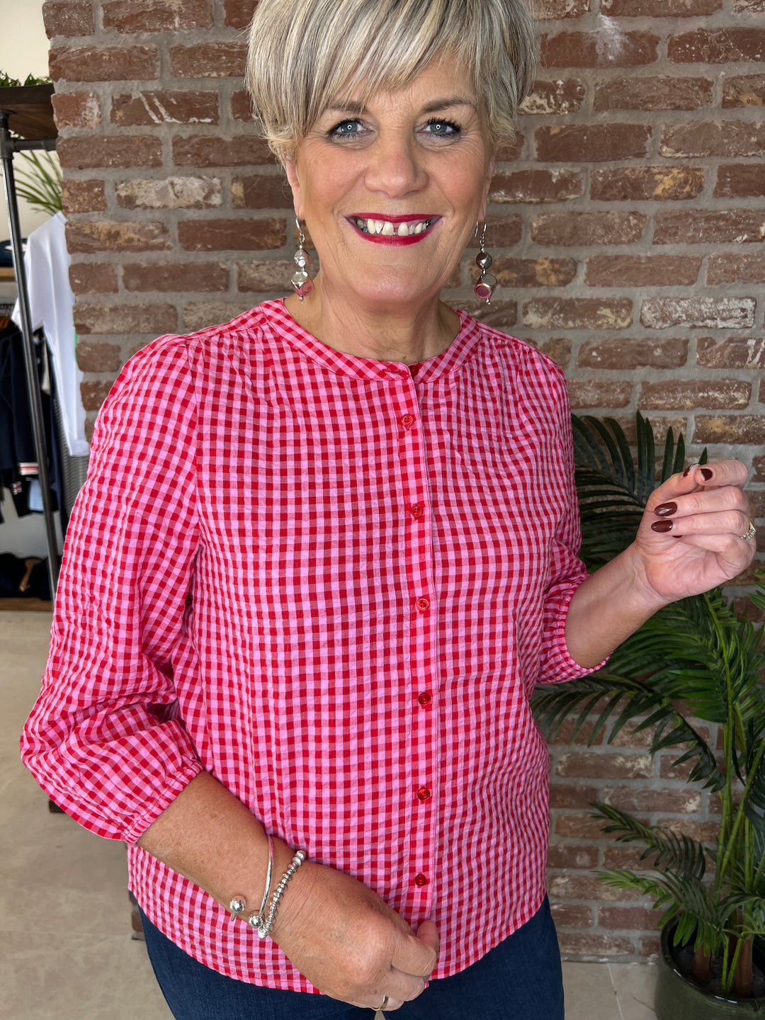 Street One Seersucker Gingham blouse In Salsa Red