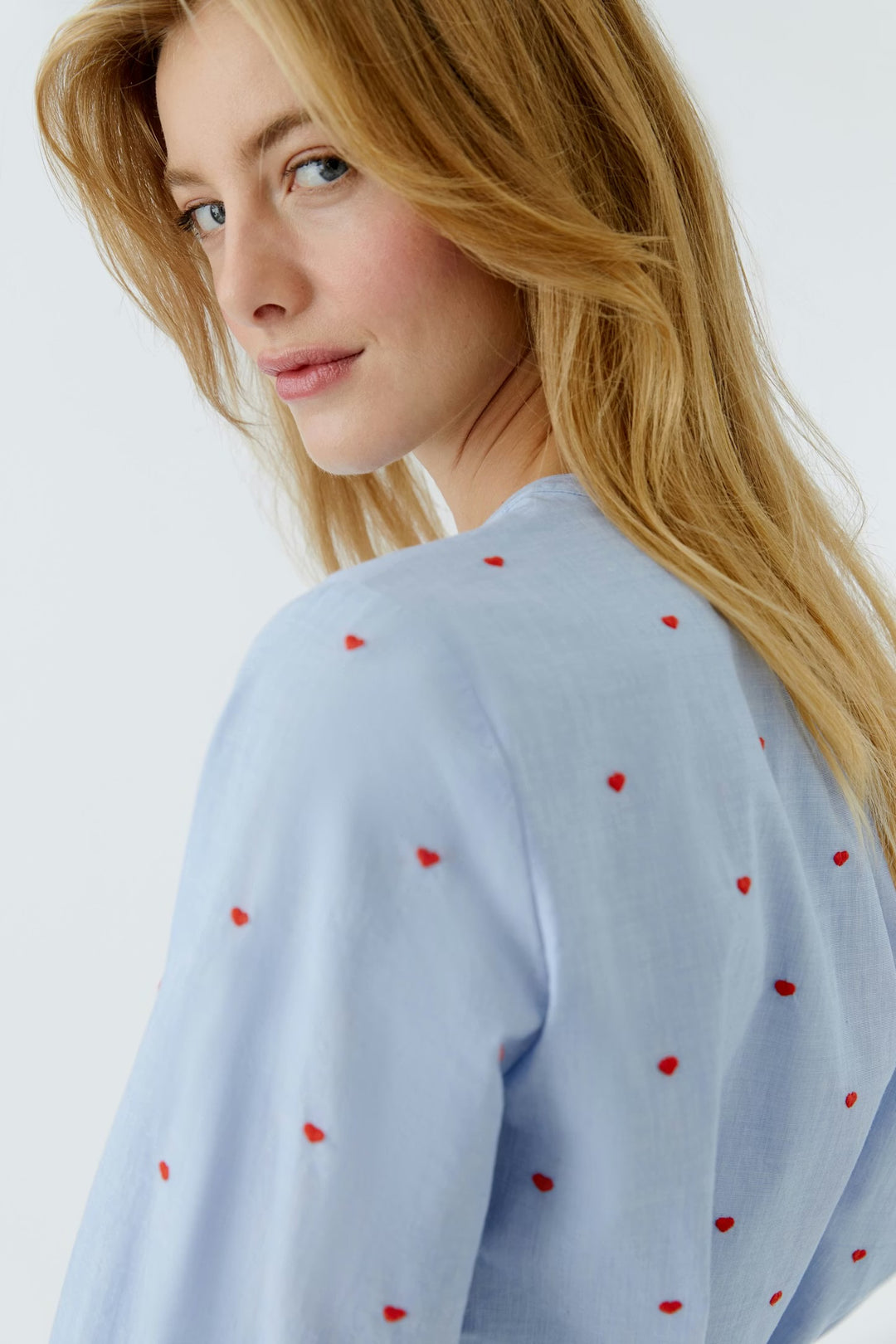 Oui Little Hearts Blouse In Dark Blue & Red