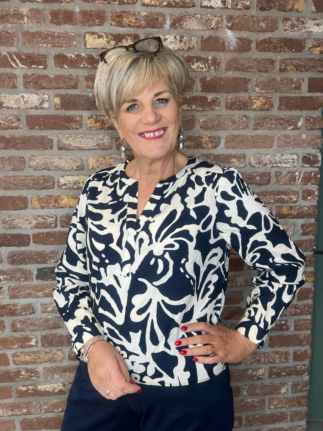 Street One V-neck floral blouse In Navy & cream