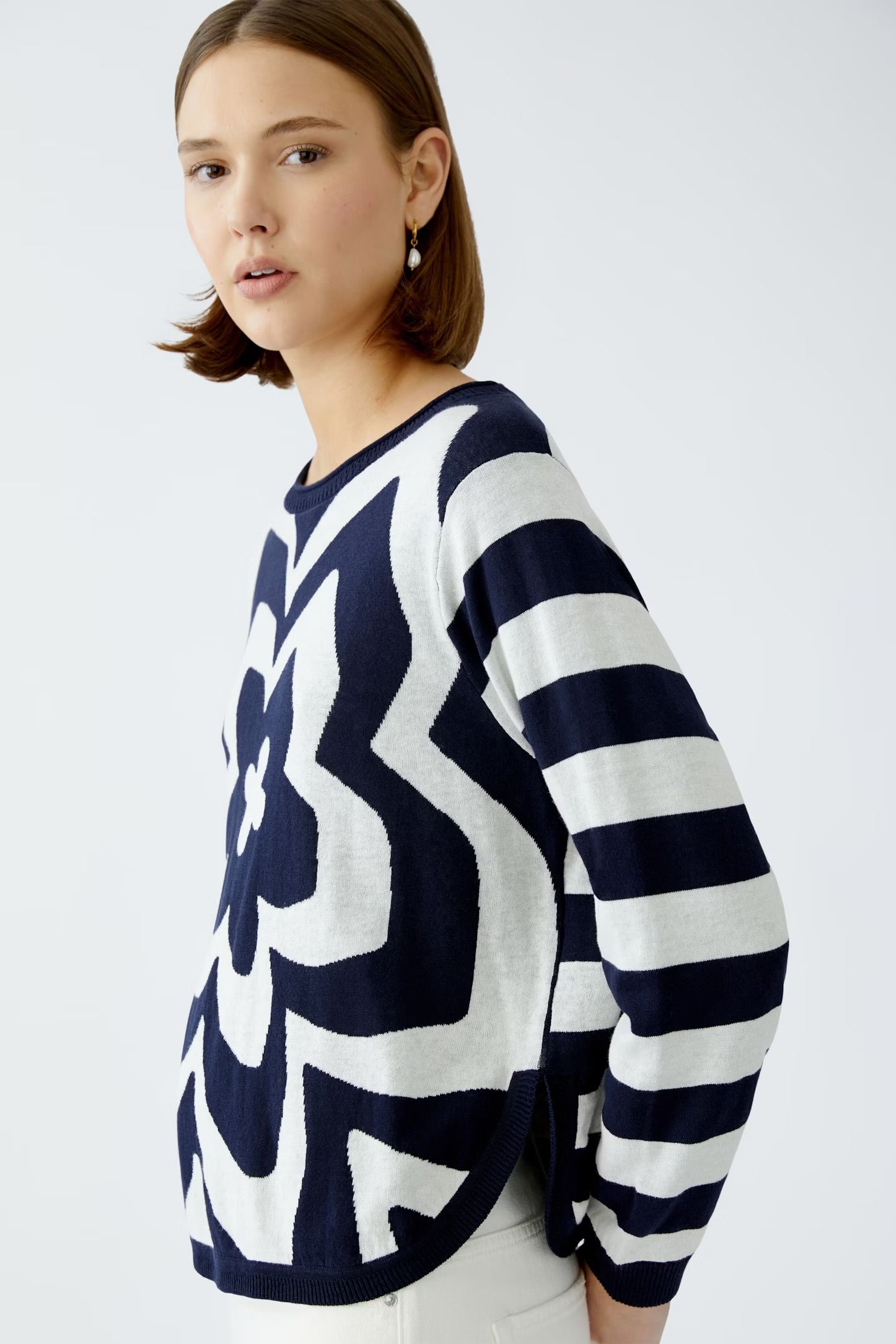 Oui Striped/Floral Jumper In navy & White