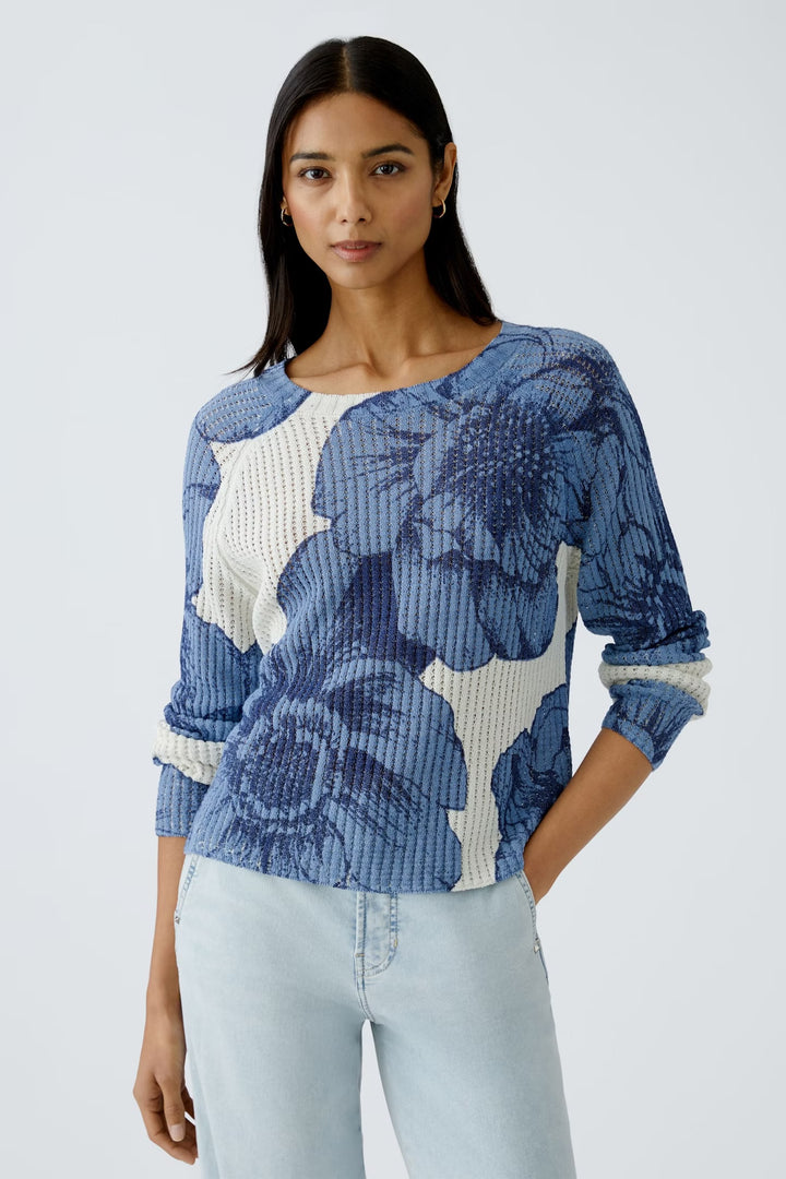 Oui Floral Pullover In Blue & White