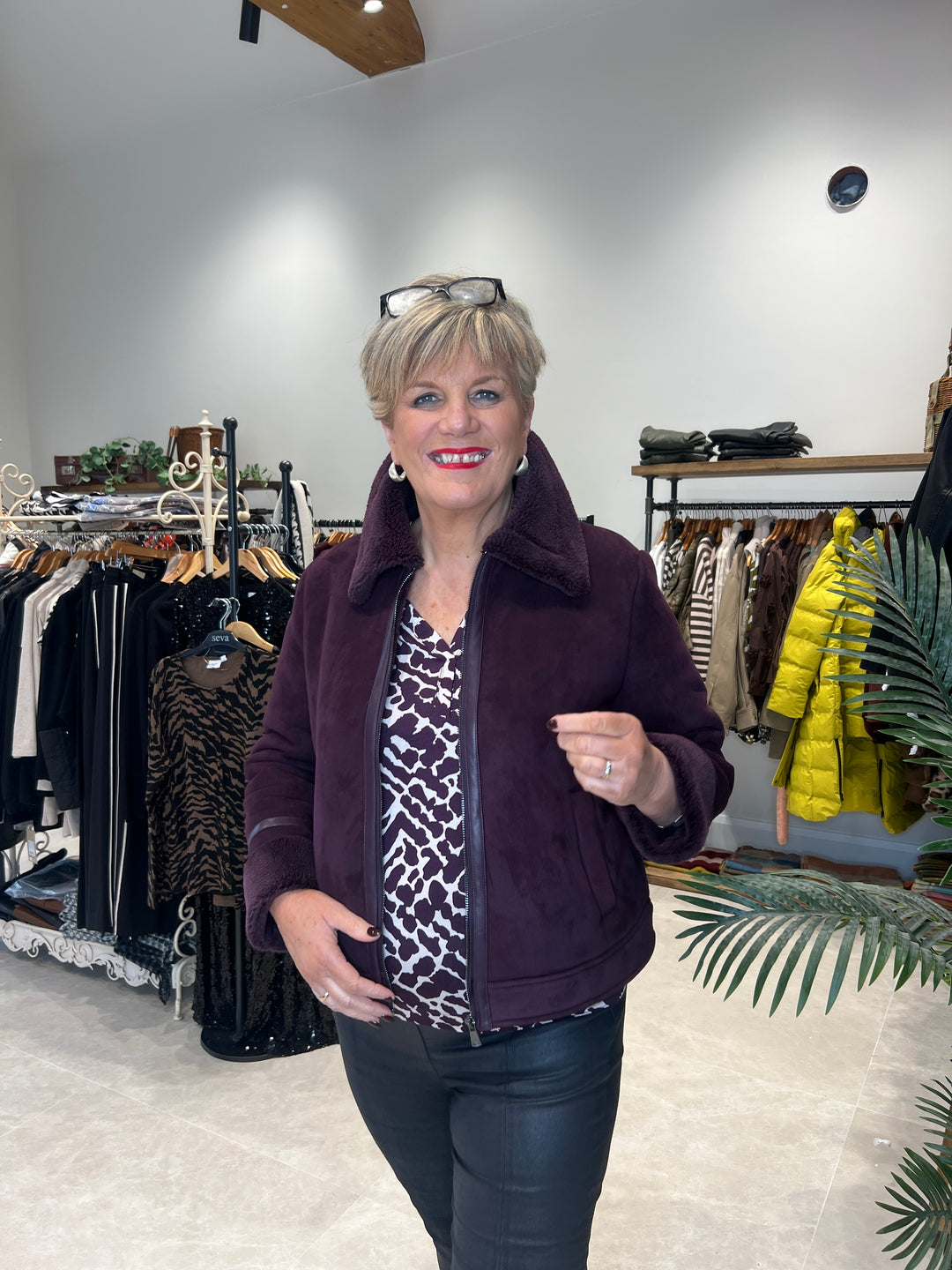 Cecil Split Neck Top In Eggplant Red