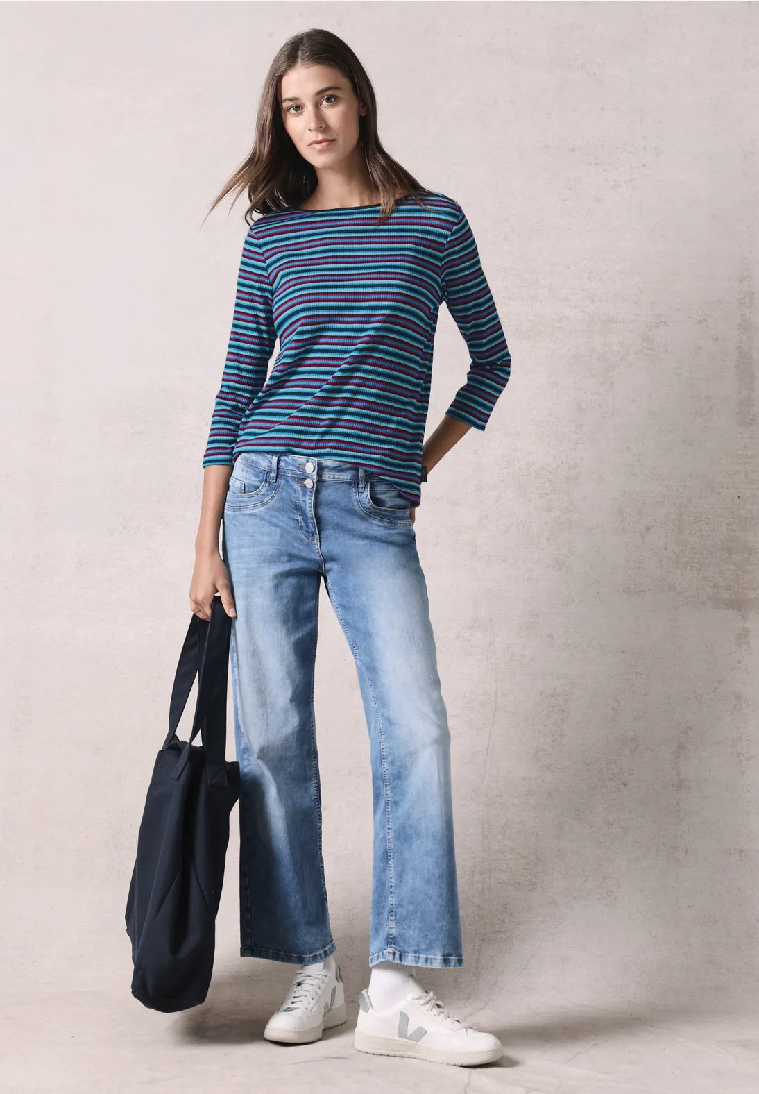 Cecil Striped Ribbed Top In Oil Blue