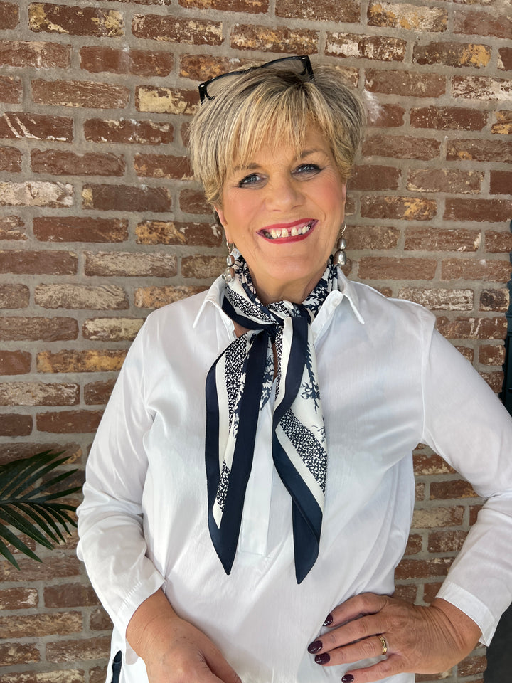 Pipa Floral Neck Silk Scarf In navy & cream