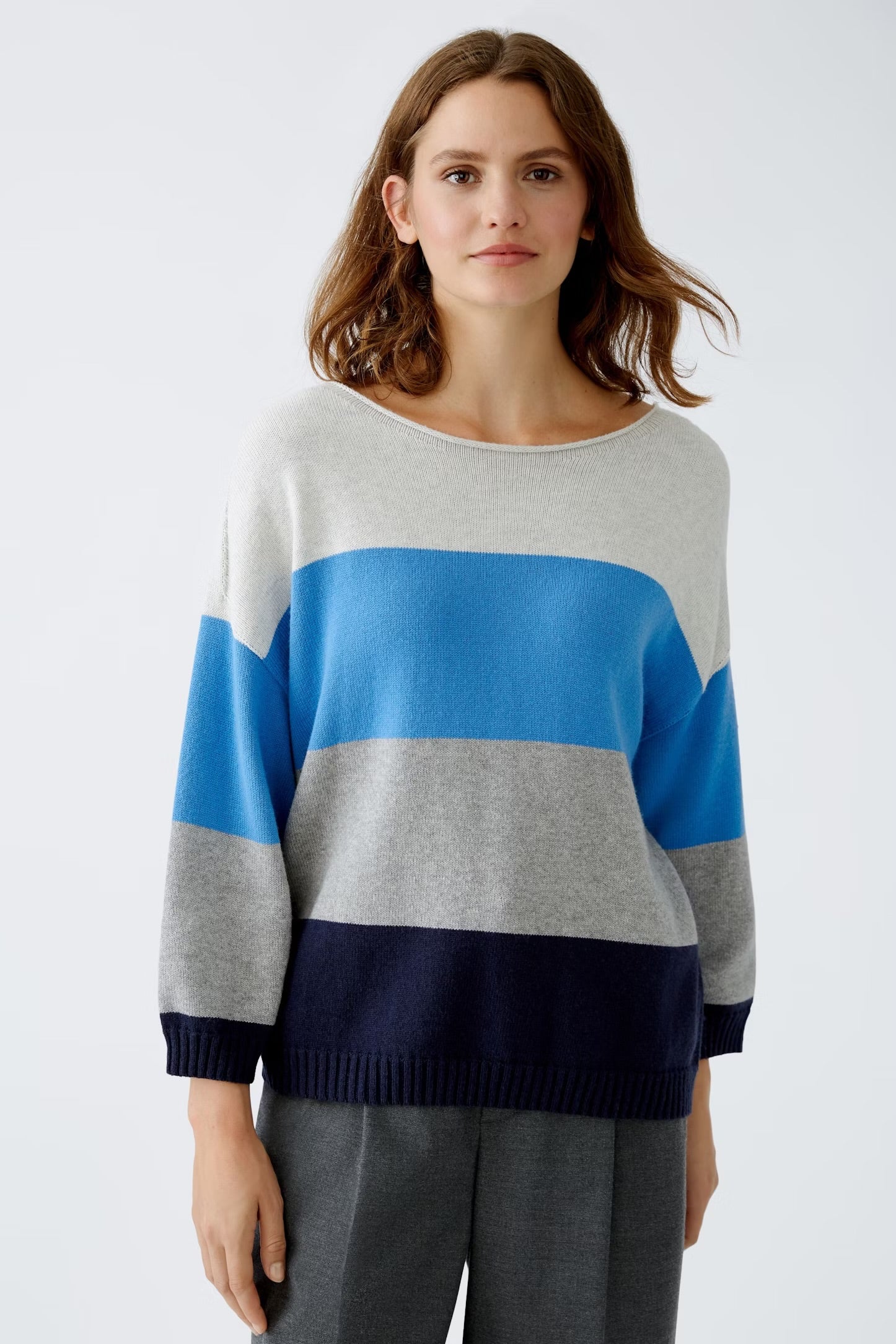 Oui Striped Jumper In Light Grey & Blue