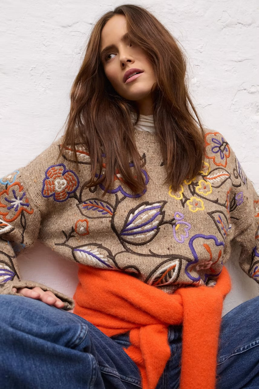 Pullover in camel & violet multi